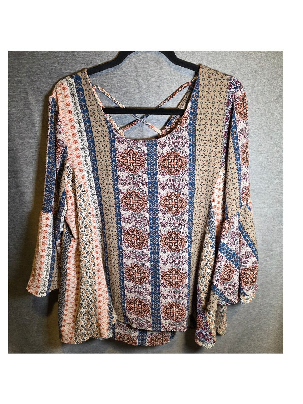 Umgee Women Orange Tan & Navy 3/4 Split Bell Sleeve Boho Tunic Top SZ LG